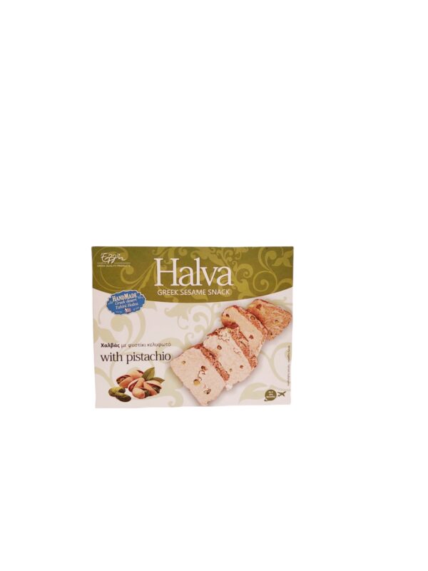 carton box with 370 grams of halva with pistachio greek delight